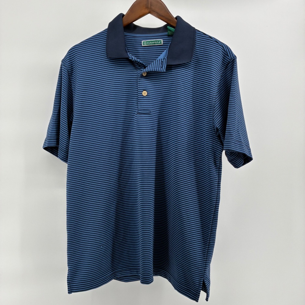 Cubavera Mens Blue Striped Short Sleeve Polo Shirt Pineapple Logo Size M